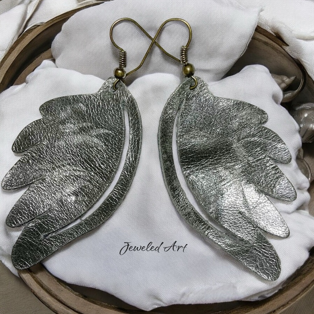 Jeweled Art Angel Wings Earrings Distressed Leather